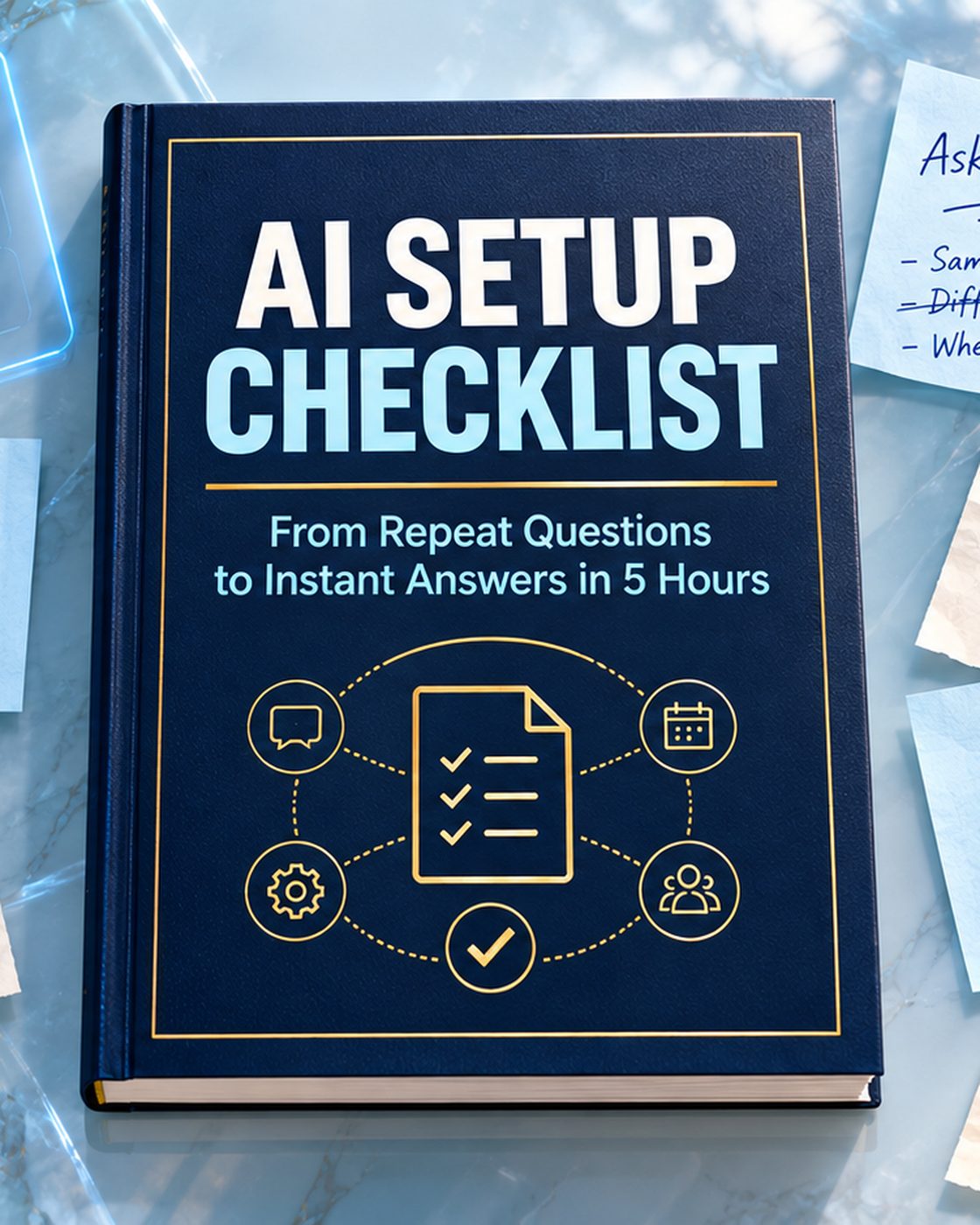The AI Setup Checklist guide on an ice-blue desk surrounded by handwritten questions