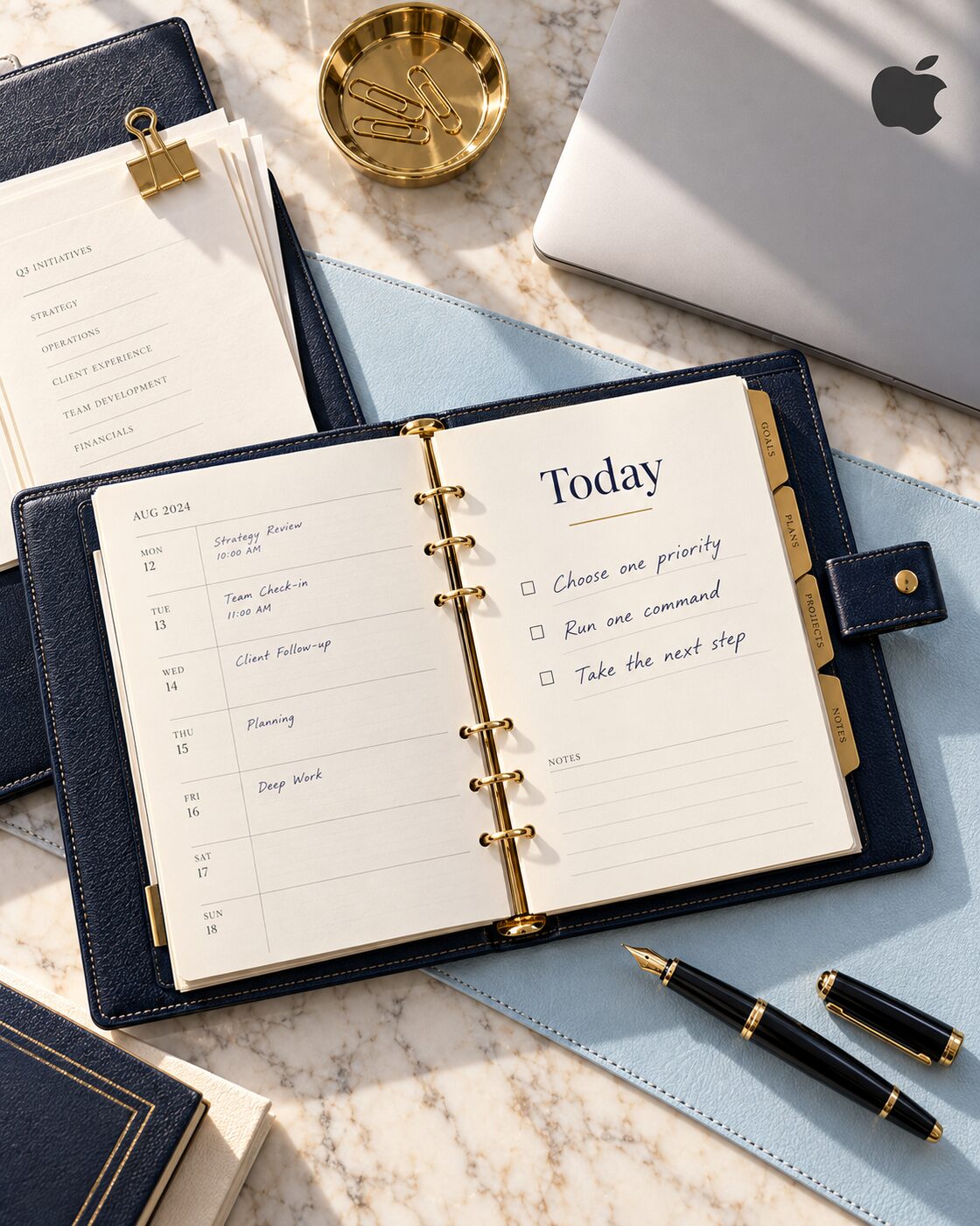 Navy planner open in golden morning light